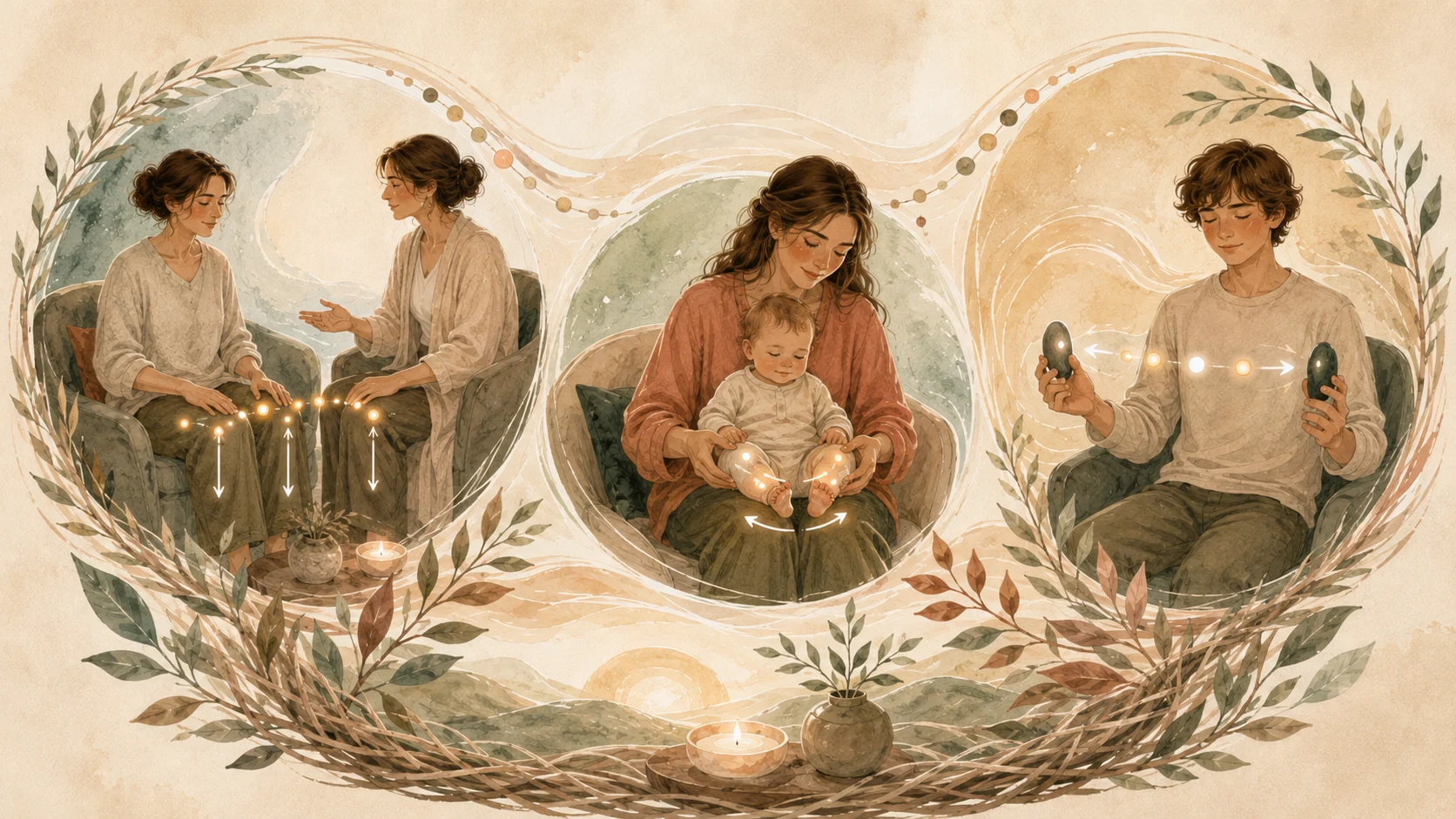 Illustration mit drei Beispielen bilateraler Stimulation: abwechselndes Klopfen auf die Oberschenkel, sanftes Tapping an den Beinchen oder Füßen eines Babys in sicherem Kontakt und zwei handgehaltene Stimulationsinstrumente.