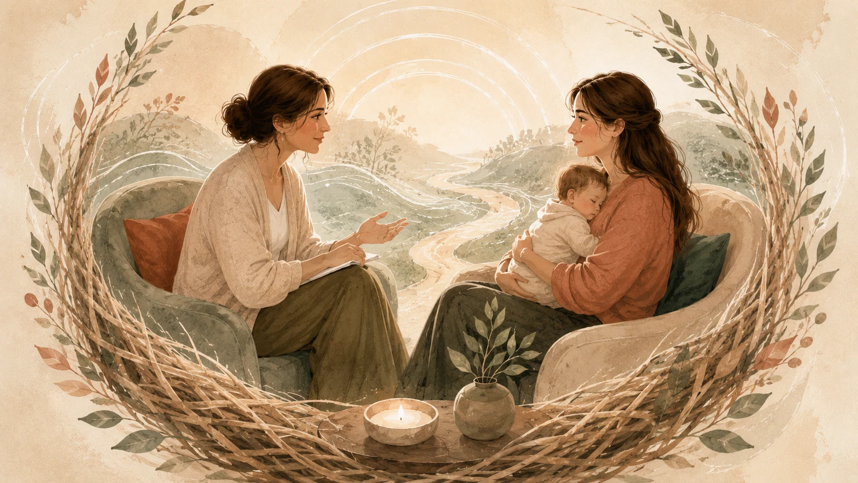 Symbolische Illustration: Eine Psychotherapeutin führt ein ruhiges Elterngespräch, während die Mutter ihr Baby sicher im Arm hält.
